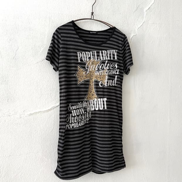 Gold Cross & Letter Print Striped Dress