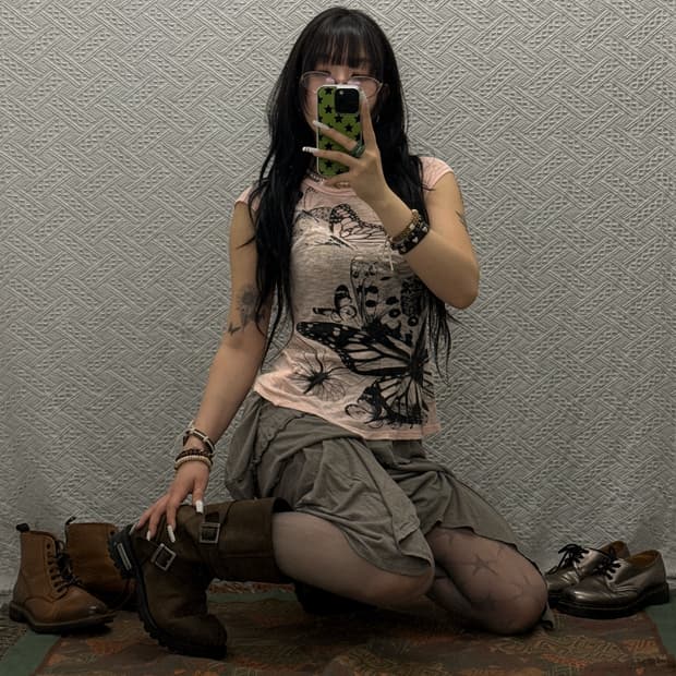 빈티지 Y2K 모리 갸루 락펑크 딸기우유 핑크 딱붙핏 반팔티 K0100 