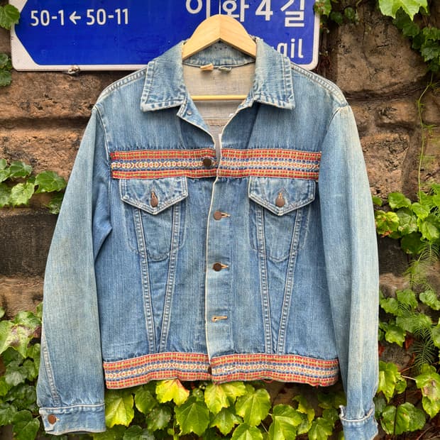 80s 랭글러 핸드 리페어 히피스타일 3rd 데님 트러커 자켓 42