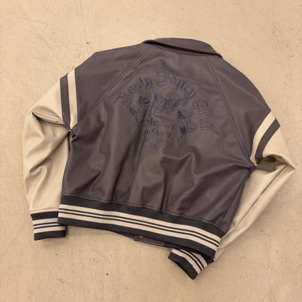 네스티팬시클럽 퍼플 레더 바시티 자켓