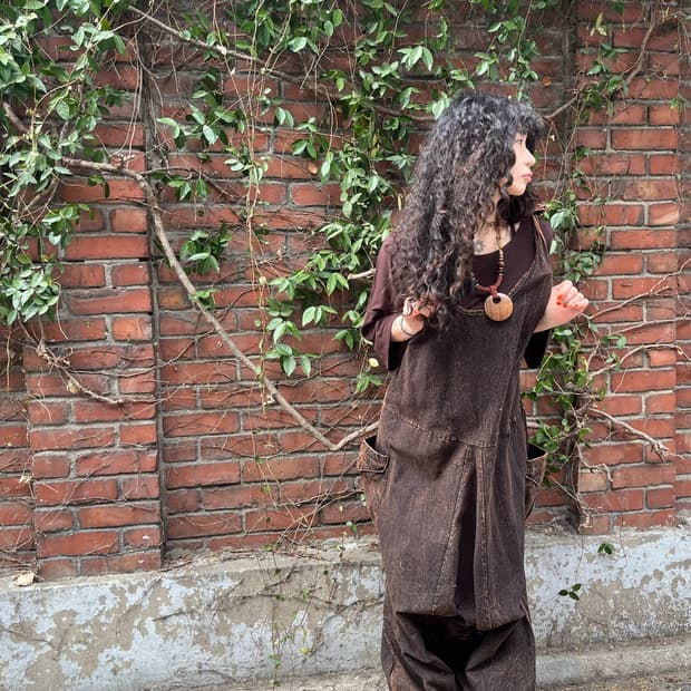 히피 브라운 워싱 점프수트