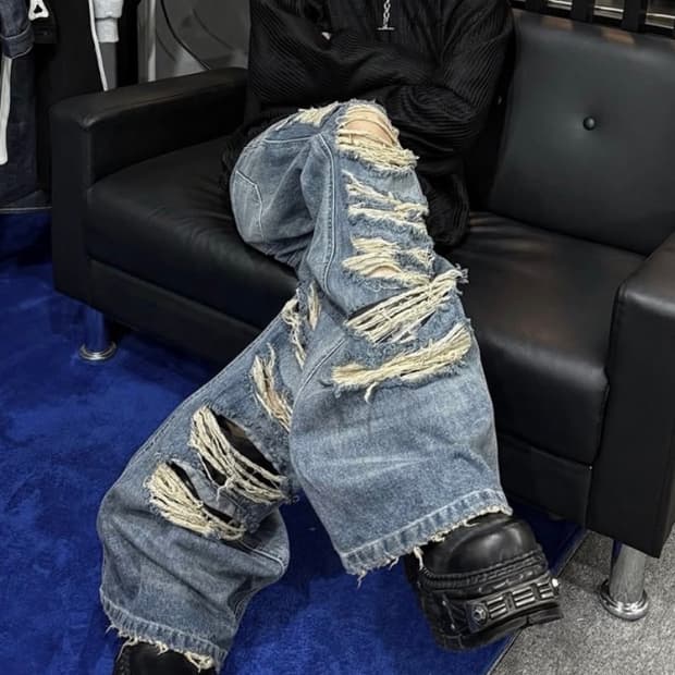 릭오웬스 볼란 부츠컷 핏 데님 데미지 청바지 