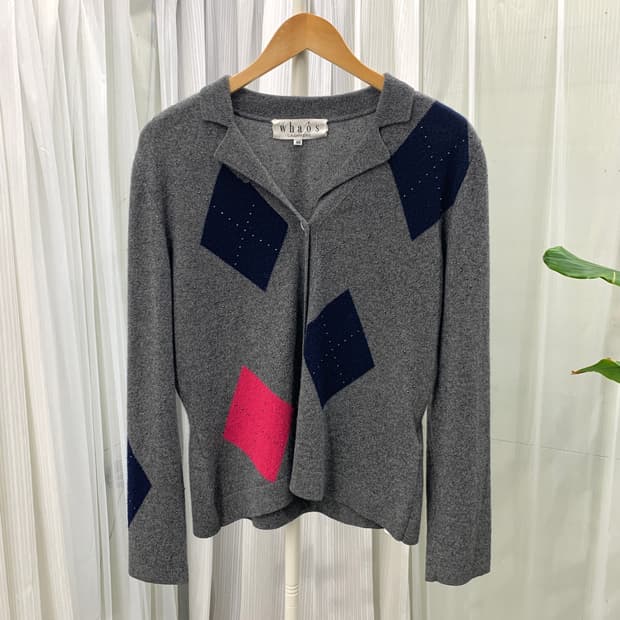 일본 빈티지 whaos 캐시미어 100 아가일 패턴 비즈 가디건 1793