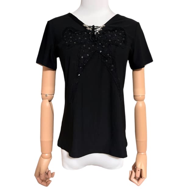 (이체시에눌) 일본 고딕 펑크 리본 패치 스팽글 레이어드 브이넥 반팔