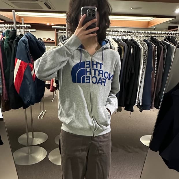 L)노스페이스 빈티지 그레이 블루 빅 로고 기모 후드집업