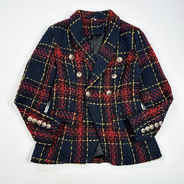 VTG 빈티지 타탄체크 금장버튼 트위드 자켓 여성L