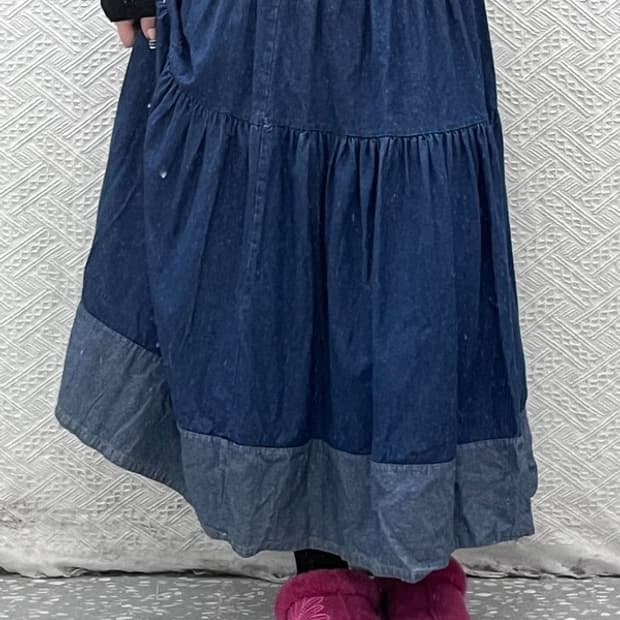 빈티지 모리걸 키치 캉캉 플레어 데님 롱스커트 25인치 C07905