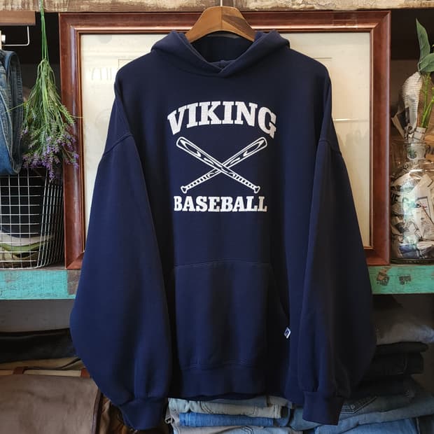 90s 러셀 후드 스웻셔츠 바이킹 미국 오리지널 빈티지 레터링 XL