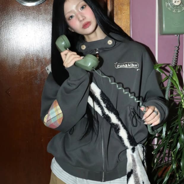 루나키후 체크 배색 후드집업