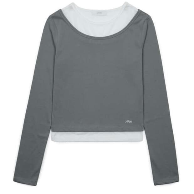 Yiyae 레이어드 슬림 티셔츠 그레이