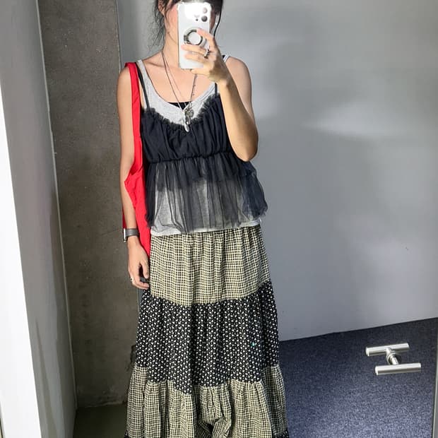 check flower cancan long skirt