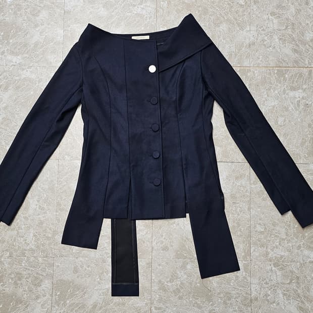 문탠 네이비 여성 언발란스 넥 블라우스 자켓