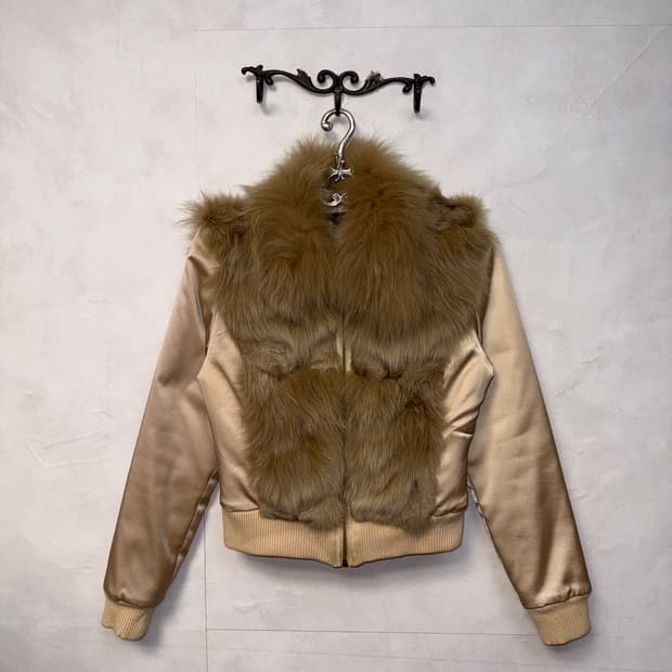 Beige fox fur satin zipup jacket 