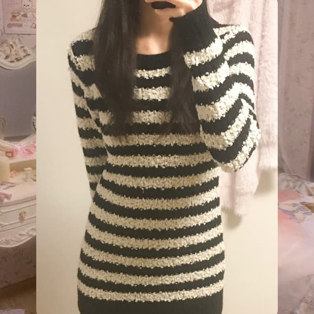 빈티지 폼폼이 스트라이프 니트 원피스 오네갸루 로걀 모리걸 페어리 그런지
