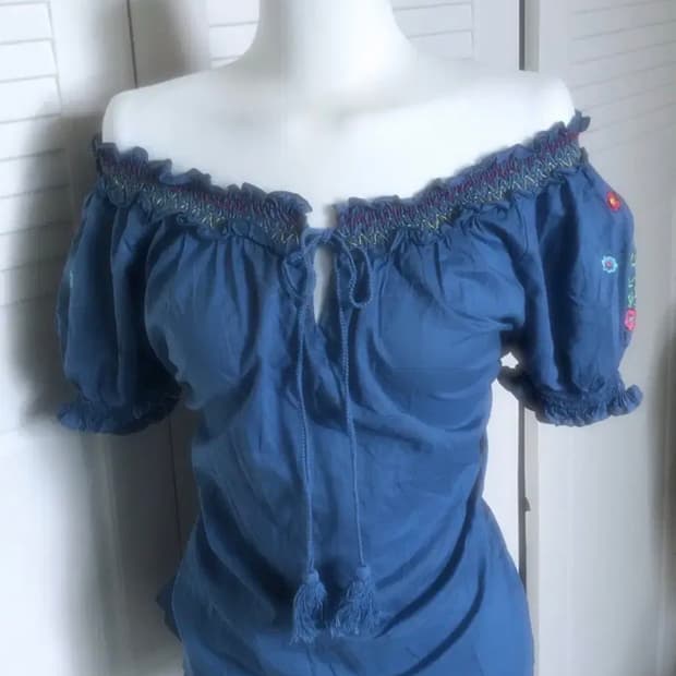 모리걸 플라워 자수 퍼프 소매 블라우스 티셔츠 상의