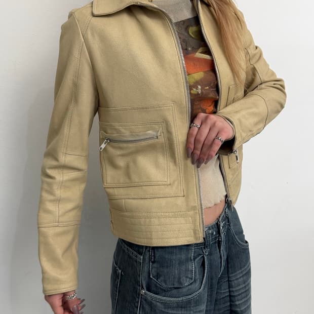 Comme Ca Du Mode 베이지 바이크 가죽 자켓