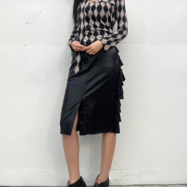 Facade leather & flare skirt / black
