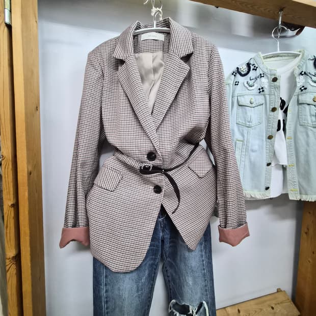 더 아이잗 체크벨트 롱자켓