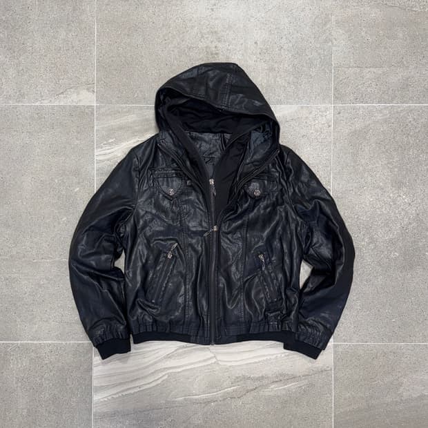 Black lamb skin hood layered jacket 