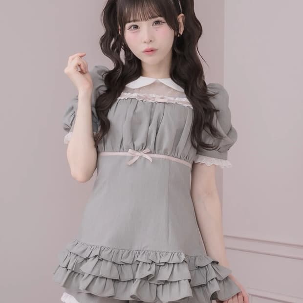 피움 일브 걸리스나양산지뢰 pium 튤티어드 회색 레이스리본셋업