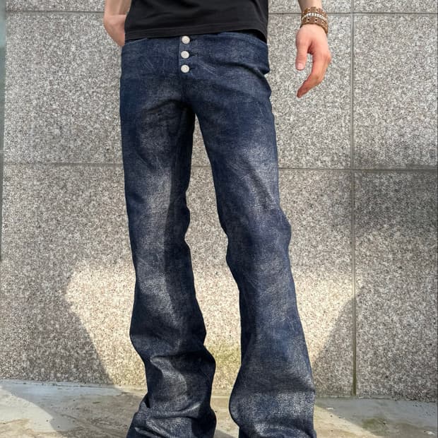 00s 토네이도 마트 특수 가공 총무늬 벨보텀 플레어 데님 팬츠