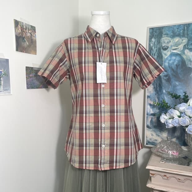 khaki brown check cotton half shirt
