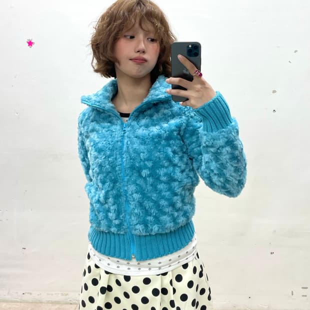 sky blue cropped fur jacket 