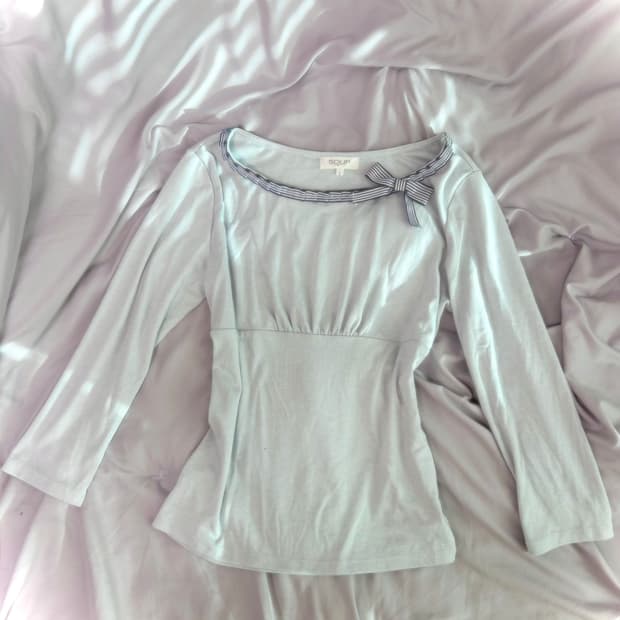 빈티지 라떼갸루 소다 리본 셔링 7부 티셔츠 히메갸루 하구미 모리걸