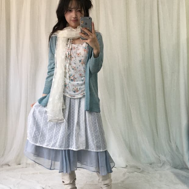 빈티지 쿨톤 소라 블루 플라워 페어리 모리 코디세트