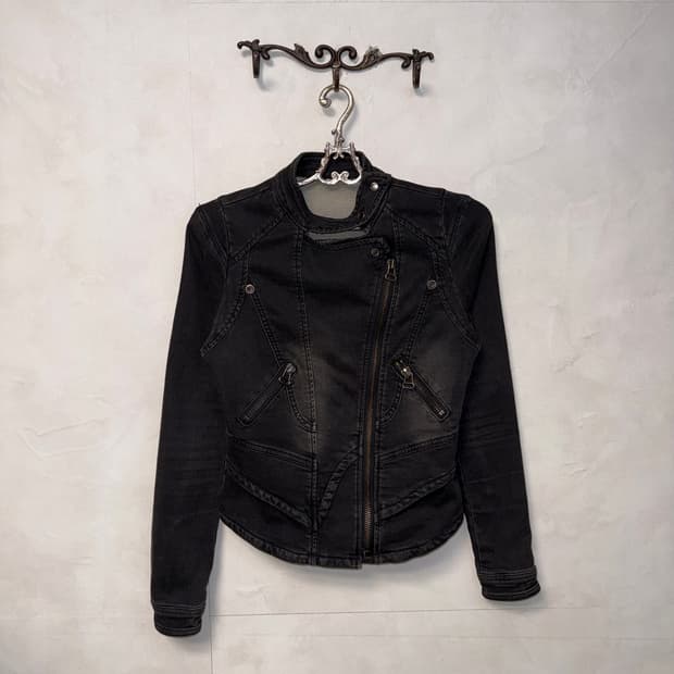 Washing black denim line zipper rider jk