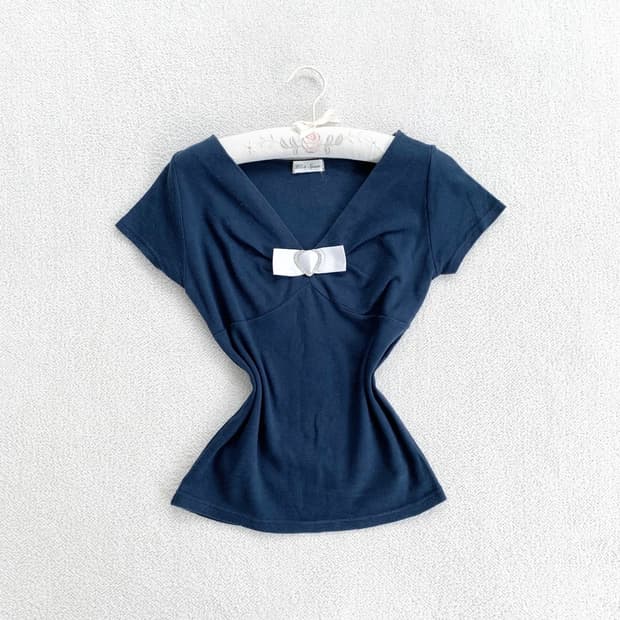 히메갸루 ♥ 네이비 새틴큐빅 리본 딱붙탑