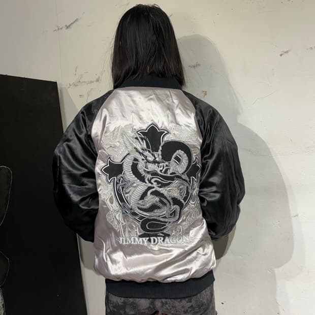 일본빈티지 십자가 용 자수 스키잔 오리엔탈 스카쟌