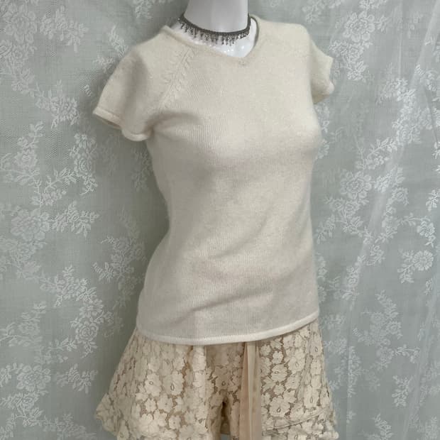 빈티지 화이트 펄 니트 반팔 1111 모리걸 y2k 스트릿 갸루 펑키 일