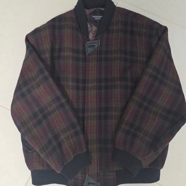 빈티지 입생로랑 소가죽 울 체크 블루종 자켓 L