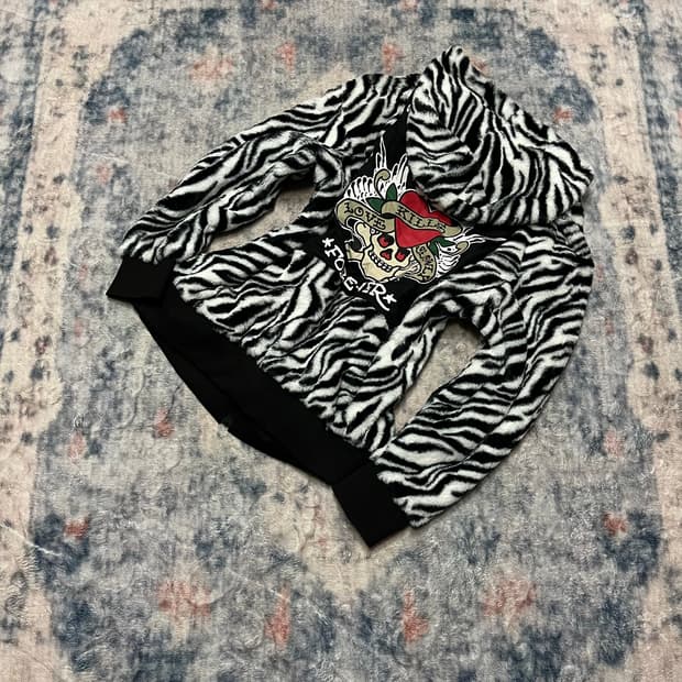 Ed hardy oversize zebra fur hood jacket 