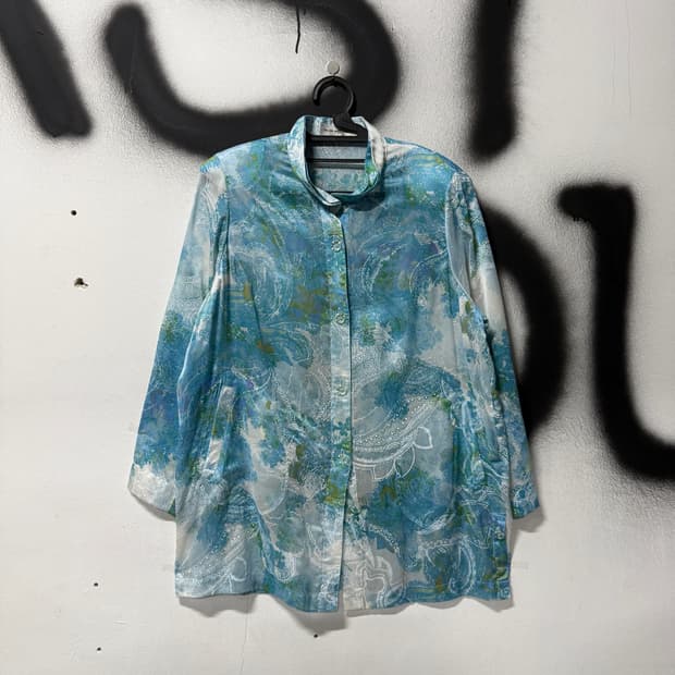 VTG 빈티지 오리엔탈 사파이어 패턴 오간자 시스루 셔츠