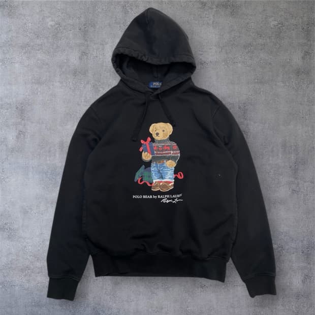 폴로 랄프로렌 블랙 홀리데이 베어 기모 후드티 S