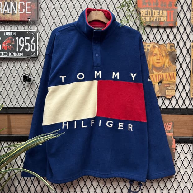 90s 타미힐피거 스냅 버튼 오버플리스 전면 빅플래그 포인트 블루