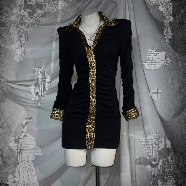 무채색 오네갸루 레오파드 딱붙 셔링 디아깔 코디세트