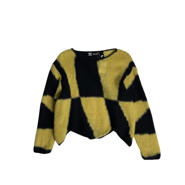 80's kansai 엘로우 블랙 블럭 울 블렌드 니트