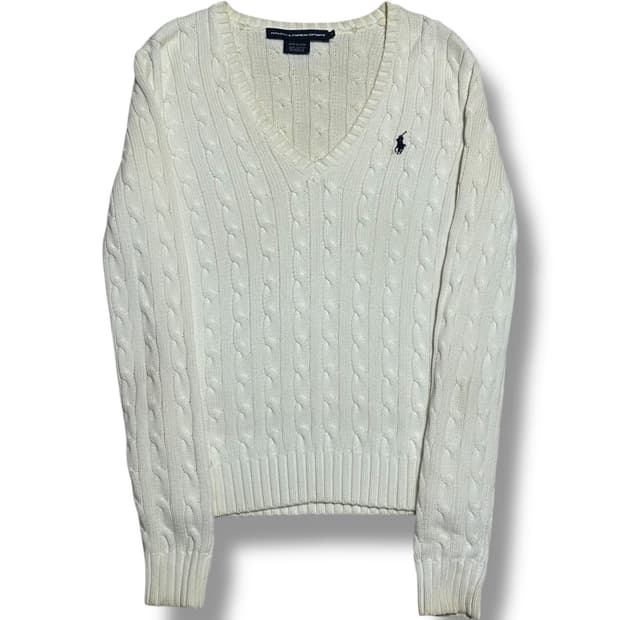 Polo Ralph Lauren 여성용 케이블 브이넥 화이트 니트