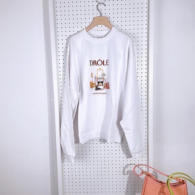 (정품/새상품) 드롤드무슈 공용 화이트 자수 로고 맨투맨