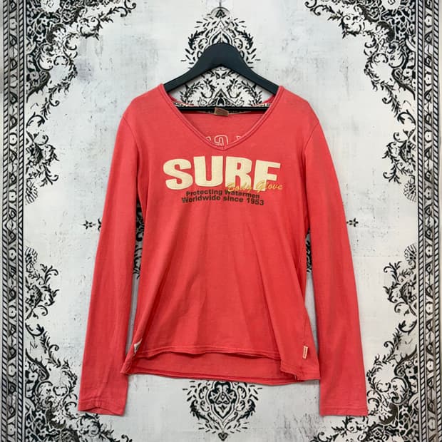 일본빈티지 body glove 키치 핀터깔 핑크브이넥 롱슬이브