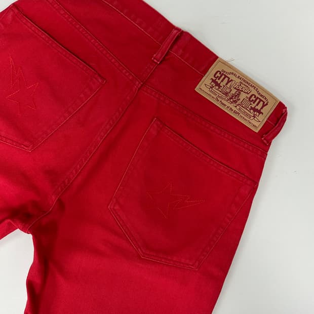 베이프 스타 자수 레드 하프 데님팬츠