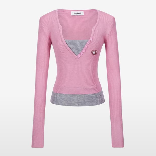 얼킨캔버스 x 베티붑 버튼 레이어드 브이넥 니트_핑크