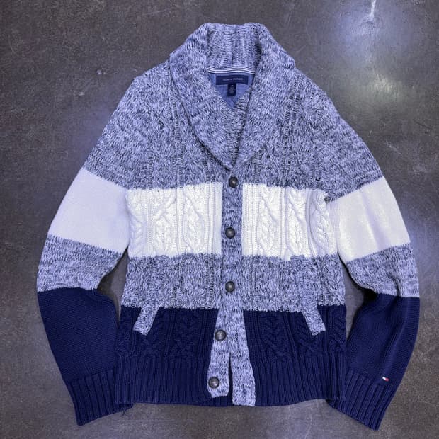 타미힐피거 케이블 배색 숄카라 넥 가디건 스웨터 S