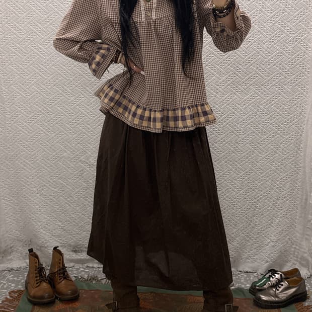 울랄라 빈티지 앤 러블리 퍼프 체크 코지 파자마 블라우스 K0114