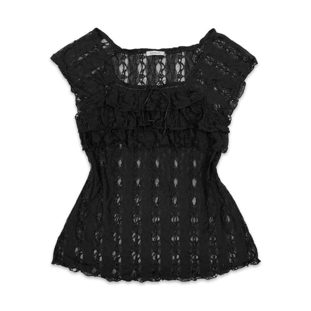 빈티지 Lacifonelli 블랙 레이스 프릴 시루 블라우스