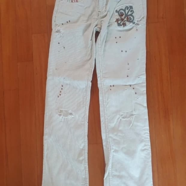 프리피플 자수 코듀로이 데미지 빈티지 면바지