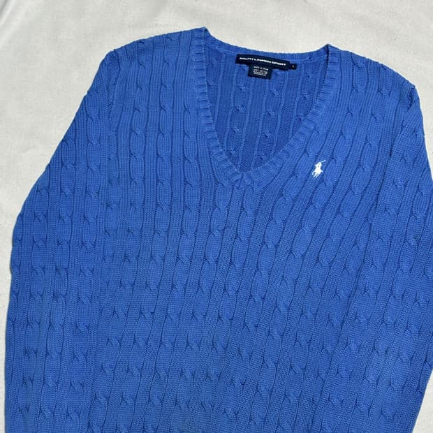 L 폴로랄프로렌 여성용 블루 브이넥 케이블 니트 